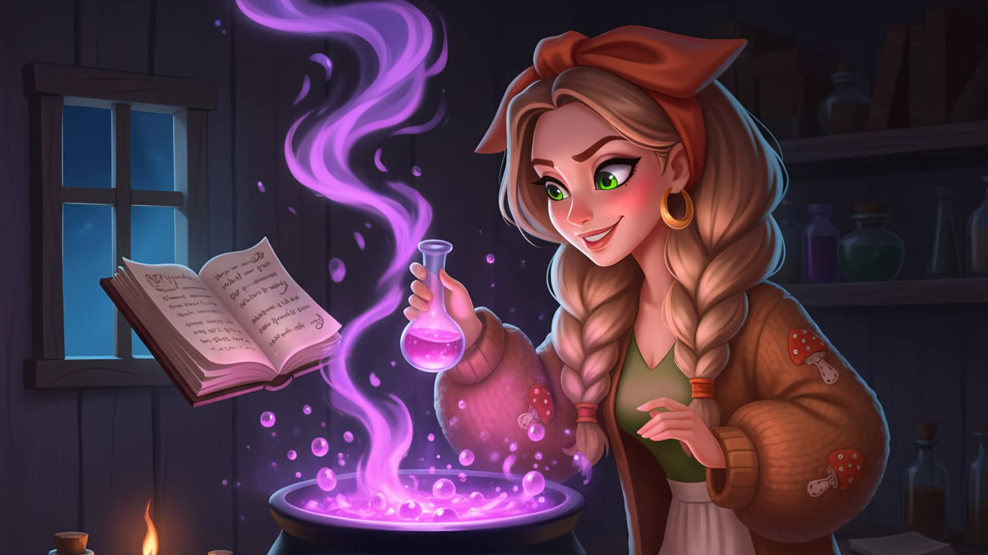 Баба Яга варит зелья в игре 'Зельеварение'